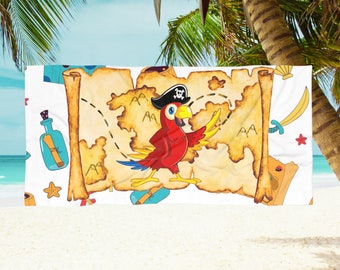 Kids Beach Towel: Pirate Map & Parrot, Quick-Drying, Soft