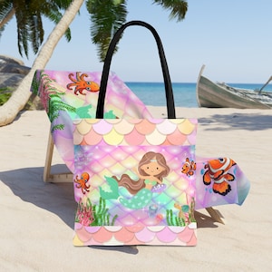 Kinder Strandtasche Meerjungfrau und Fische (Option 1) Kinder Mädchen Rosa Lila Grün Bunt Unter Meer Allzweck-schwimmen Tote Carryall 3 Größen