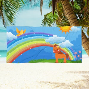 Kids Beach Towel: Rainbows and Horses Child Blue Oversized Quick Drying Beach Towel 2 Sizes Pony