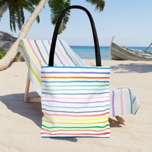 Beach Bag Summer Purse Small Multi-Colored Stripes on White Background Rainbow All-Purpose Swim Tote Carryall Matching Beach Towel Available