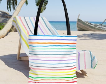 Striped Beach Tote Bag, Rainbow Multi-Colored Summer Purse