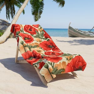 Chinoiserie Vibrant Red Poppy Floral Beach Towel - Elegant Floral Bath Towel, Colorful Flower Pool Towel, Large Botanical Beach Blanket,