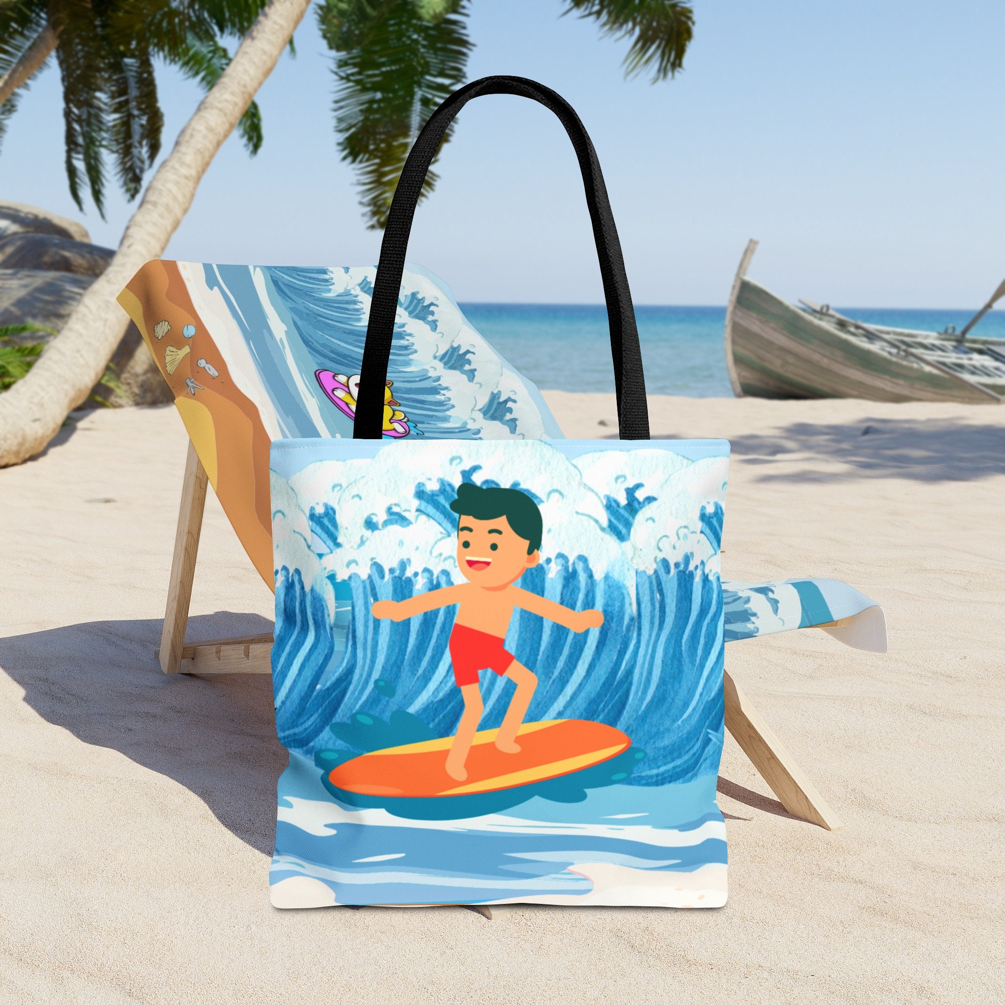 Surfer Boy Kids Beach Tote Bag, Ocean Waves Print - Etsy