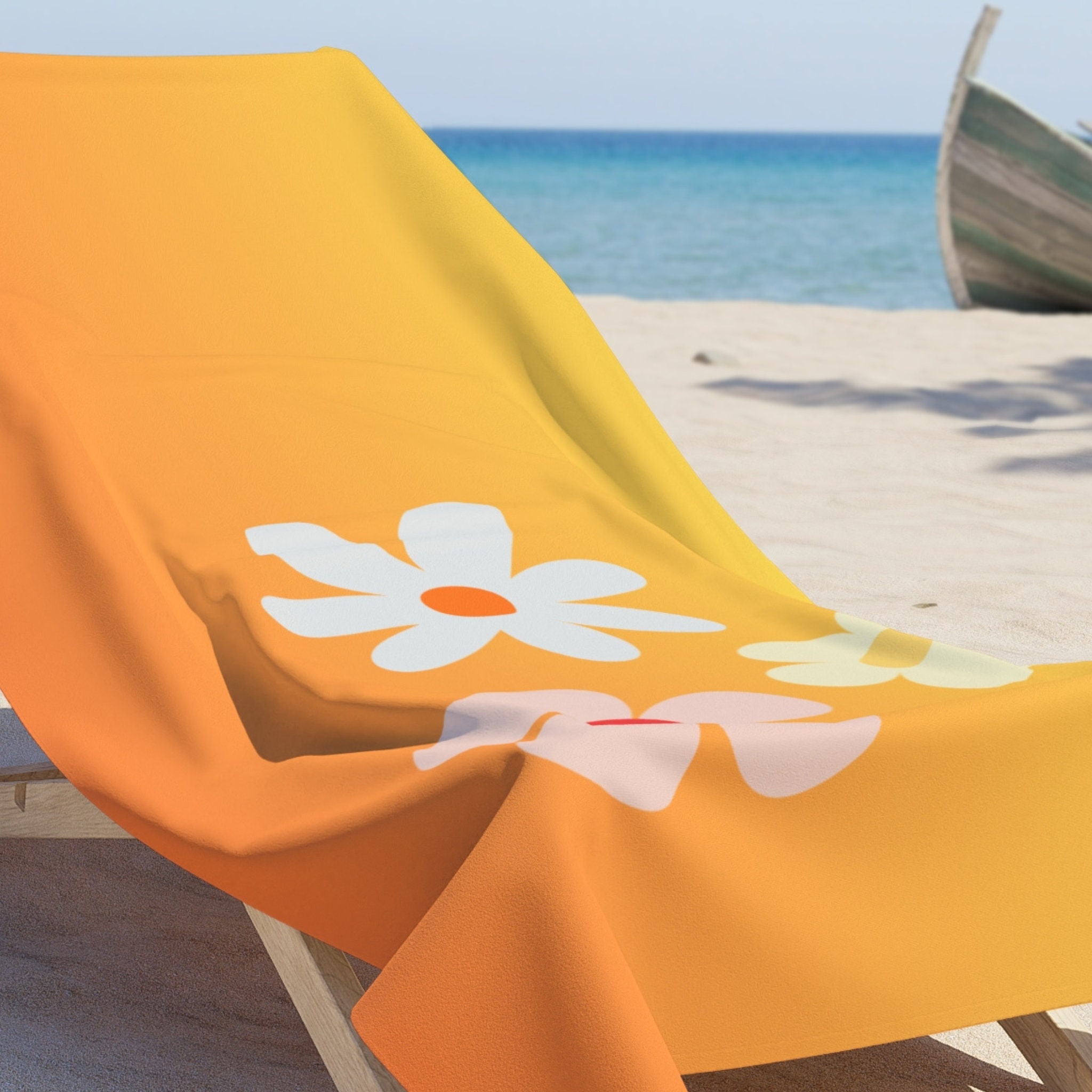 Retro 70s Floral Beach Towel: Orange Sunshine, Quick Dry - Etsy