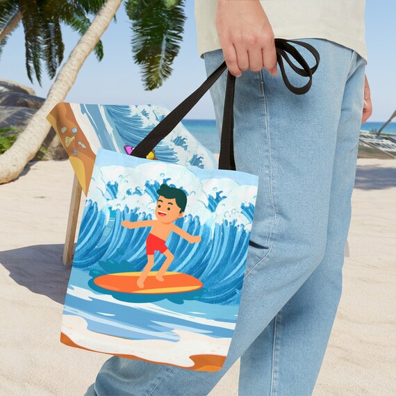Surfer Boy Kids Beach Tote Bag, Ocean Waves Print - Etsy