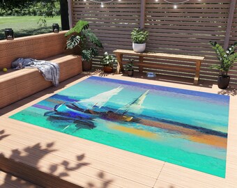 Seascape Outdoor Rug: Impressionist Sailboat Art, Patio Deck Decor