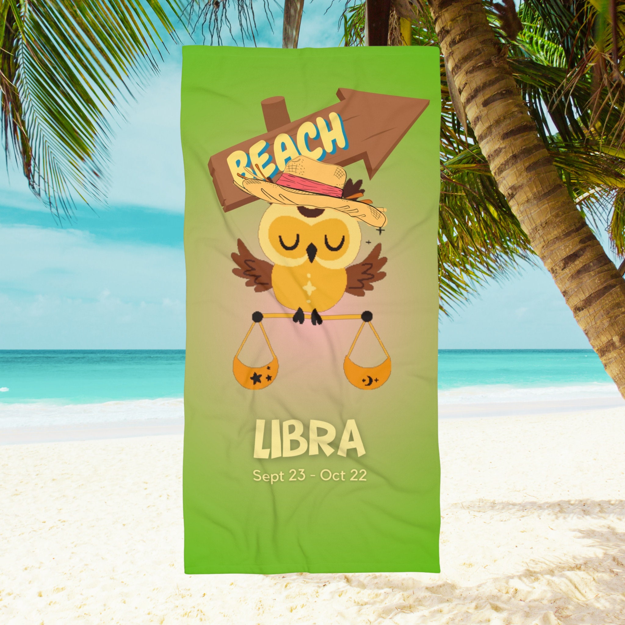 Libra Zodiac Beach Towel, Green Owl Design, Astrology Gift