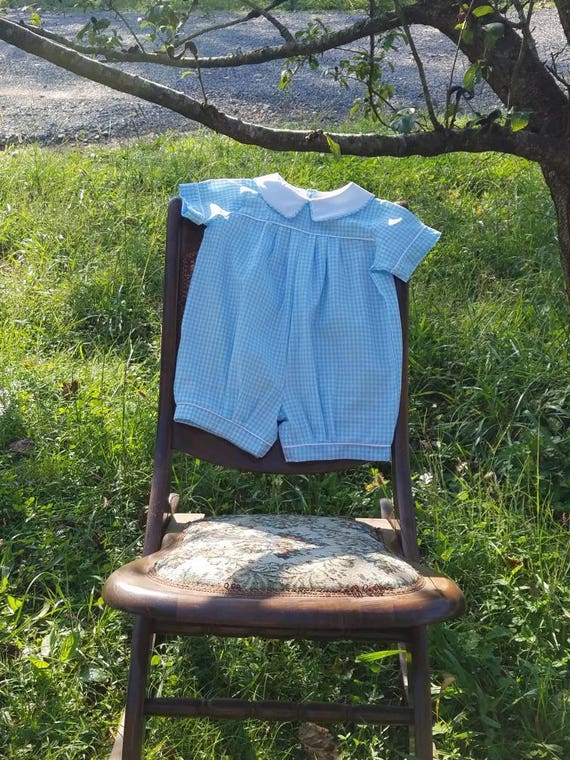 Boys romper baby boy outfit blue gingham romper boys bubble Etsy