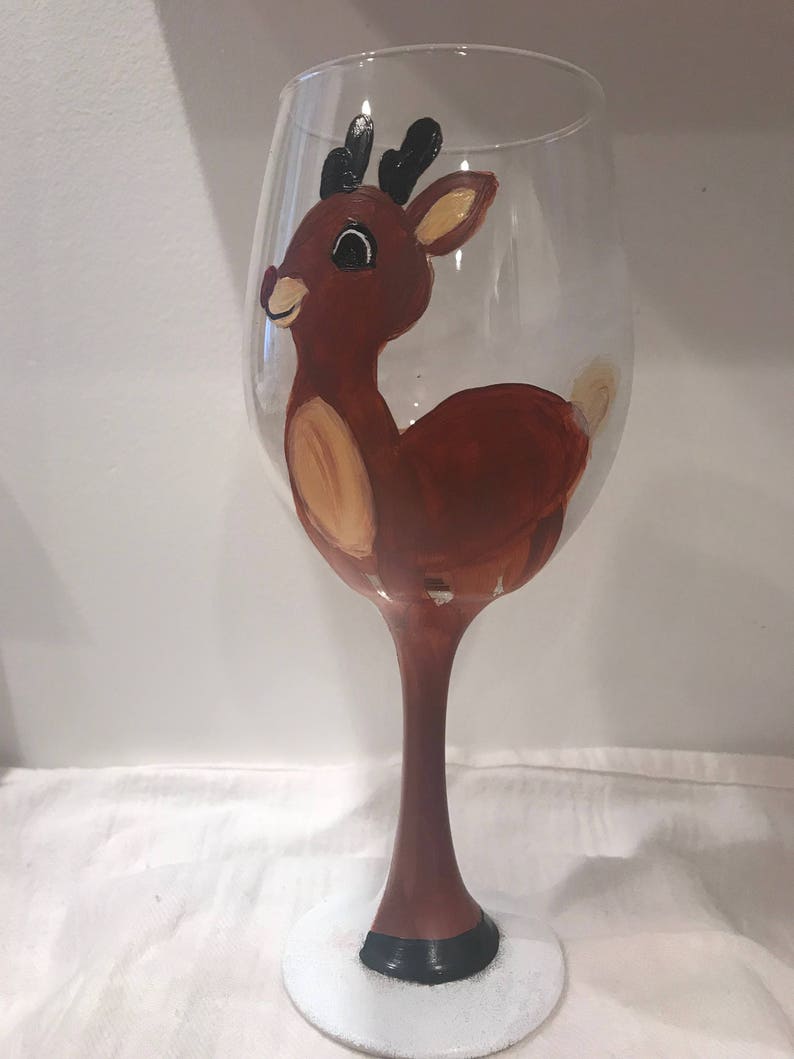 Rudolph the Red Nose Reindeer Hand Painted Wine Glass Etsy