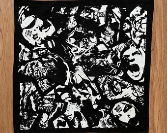May include: Black and white bandana with a collage of faces and abstract designs. The bandana is made of cotton and has a frayed edge.