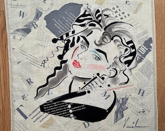 May include: A square beige fabric handkerchief featuring a black and white graphic illustration of a person with stylized hair, red lips, and blue eyeshadow. The background is printed with newspaper-style text, clock imagery, and the word thinking.