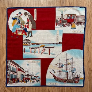 Vintage Japanese Western Yokohama Ship Train / Art Handkerchief
