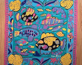 Ken Done // Beautiful Colorful Blue Fish Silk Scarf Australia