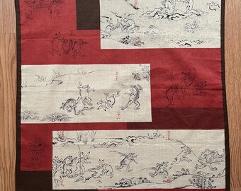 Vintage Choju Jinbutsu Giga Japanese Art Handkerchief