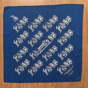 May include: A square, blue bandana featuring a repeating pattern of white illustrations of Teenage Mutant Ninja Turtles. The center of the bandana has the words "Turtles Heroes in a Half Shell!" printed in white.