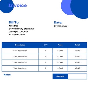 Puede incluir: Un formulario de factura en blanco con el título "Factura" en la parte superior. El formulario incluye campos para "Facturar a", "Fecha", "Número de factura", "Descripción", "Cant.", "Precio" y "Total". El formulario también incluye una sección "Notas" y un campo "Subtotal".