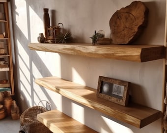 Handmade Oak Floating Solid Shelf Live Edge, Waney Edge, Rustic, Wood, Hardwood, Wall, Brackets Fixing Included, Window sill, Various sizes