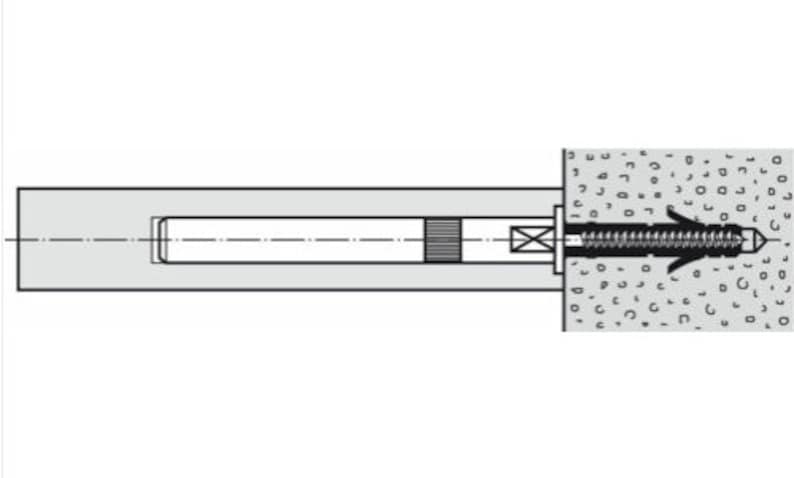 May include: A black and white illustration of a screw anchor being installed into a wall. The anchor has a threaded shaft and a plastic expansion sleeve. The screw is being driven into the anchor with a screwdriver.