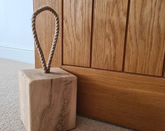 Solid Oak Doorstop With Hand Platted Rope Anniversary Wedding gift House warming gift Heavy Wooden Block