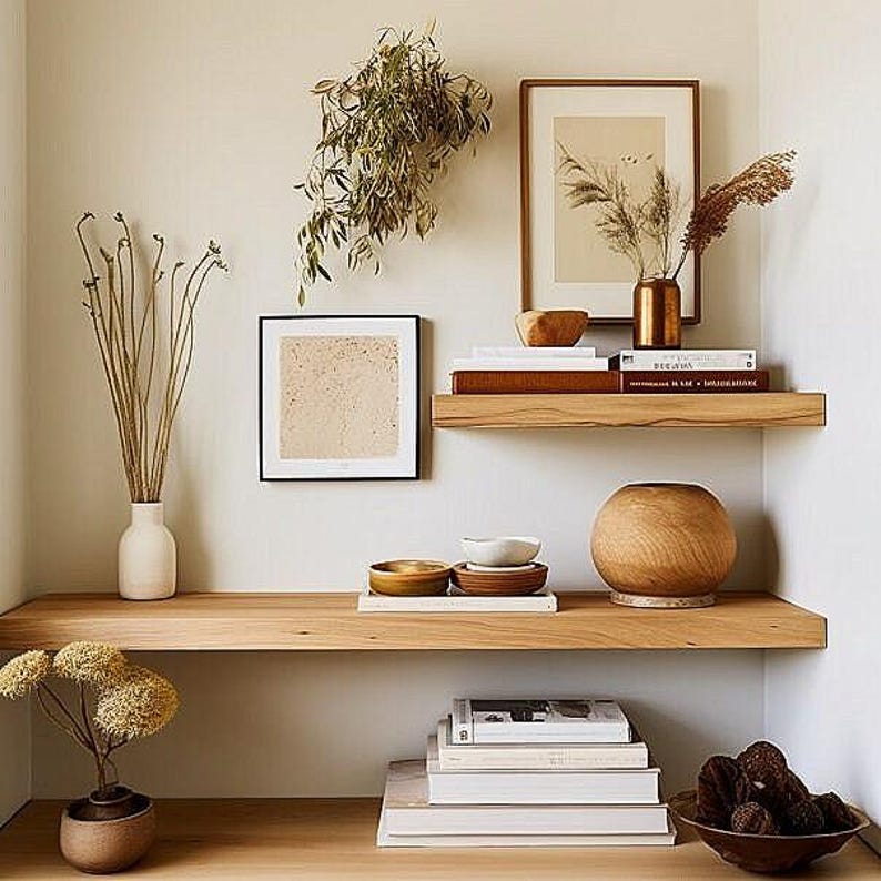 Handmade Rustic Oak Floating Shelf: Straight Edge, Brackets Included image 2