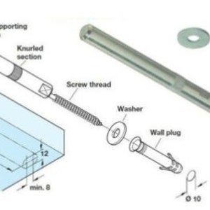 May include: A diagram illustrating the installation of a wall anchor and screw. The anchor is a plastic plug with a threaded hole. The screw features a knurled section, a screw thread, and a washer. The diagram depicts the screw being inserted into the anchor and then into the wall. The text on the diagram reads: "Supporting pin", "Knurled section", "Screw thread", "Washer", "Wall plug", "122", "12", "min. 8", "&Oslash; 10".