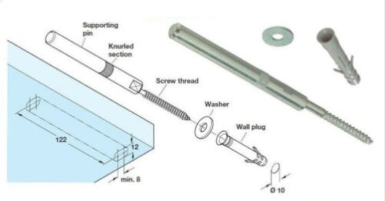 May include: A diagram illustrating the installation of a wall anchor and screw. The anchor is a plastic plug with a threaded hole. The screw features a knurled section, a screw thread, and a washer. The diagram depicts the screw being inserted into the anchor and then into the wall. The text on the diagram reads: "Supporting pin", "Knurled section", "Screw thread", "Washer", "Wall plug", "122", "12", "min. 8", "&Oslash; 10".
