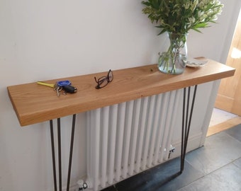 Handcrafted Solid Oak Console Table: Rustic Hairpin Steel Legs