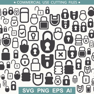 May include: A large collection of black and white padlock icons in various styles, including keyhole, padlock, combination lock, and open padlock. The icons are arranged in a grid pattern and are suitable for use in digital design projects.