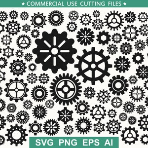 Puede incluir: Una colección de formas de engranajes negras de varios tamaños, dispuestas en un patrón aleatorio. Los engranajes son todos negros y tienen un fondo blanco.
