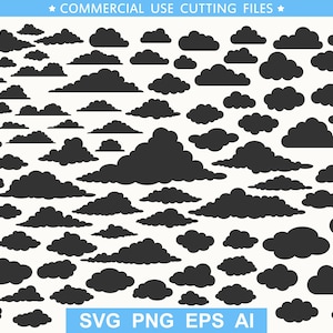 May include: A collection of 60 black cloud shapes in various sizes and styles. The clouds are arranged in a random pattern on a white background. The text "SVG PNG EPS AI" is at the bottom of the image.