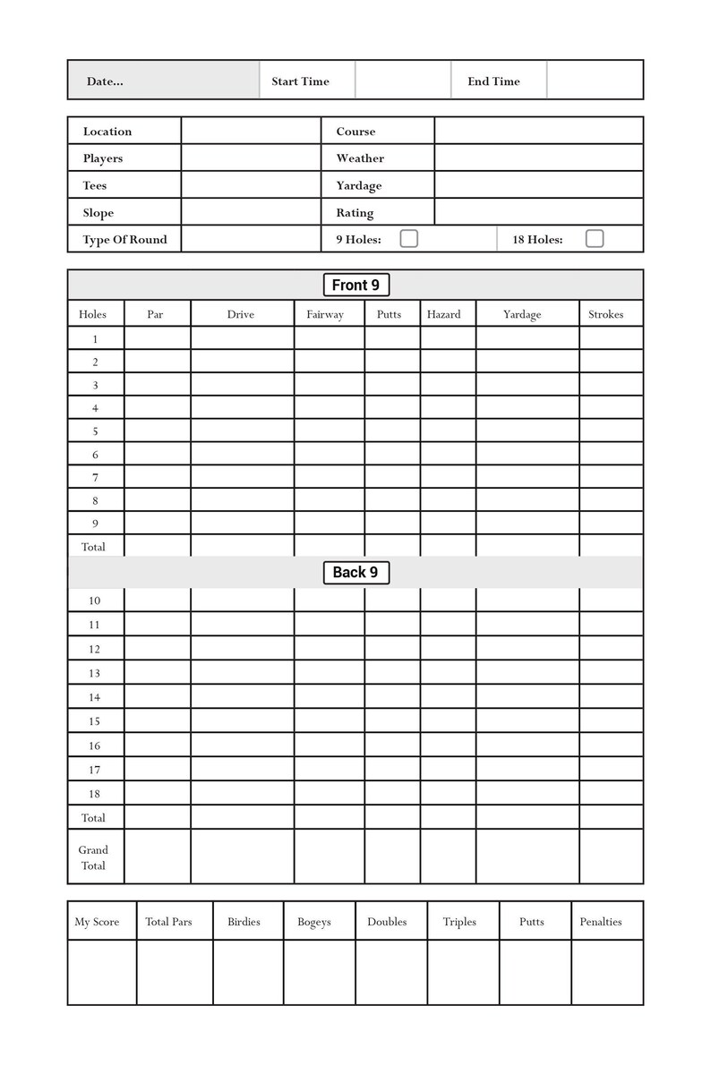Golf Score Log Golf Strokes 9 Holes 18 Holes Golf Score Etsy