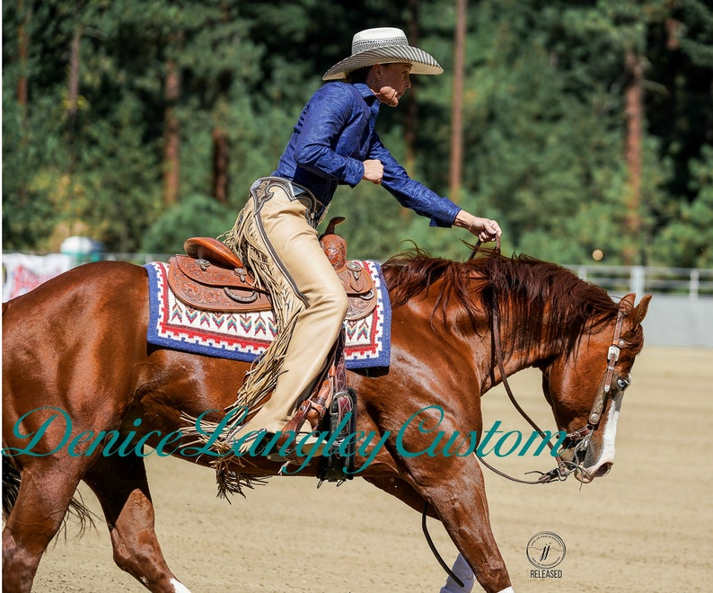 Puede incluir: Una mujer con una camisa azul y pantalones marrones monta un caballo marr&oacute;n. El caballo lleva una silla de montar con una manta de silla de montar con estampado azul, rojo y blanco. La mujer sostiene las riendas en su mano derecha. El caballo est&aacute; en movimiento y la mujer se inclina hacia adelante.