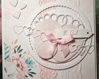 Its a girl- Elegant handmade card for New baby girl.  Welcome baby. congratulations its a Girl. Baby girl card. Luxurious handmade cards