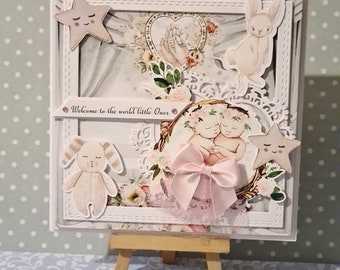 Elegant Welcome Twins handmade card. For a special Twins girls. New baby.  Welcome baby. congratulations its Twins Baby girl boy card.