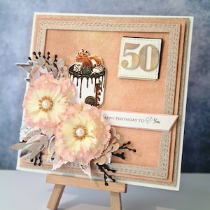 Handmade Birthday card. Beautiful elegant with gold orange elements card. Birthday  or Anniversary text & age personalisation. Unique flower