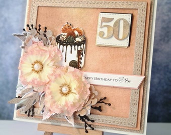 Handmade Birthday card. Beautiful elegant with gold orange elements card. Birthday  or Anniversary text & age personalisation. Unique flower