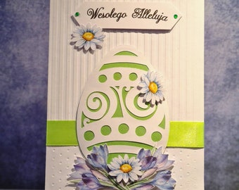 Easter egg handmade card. Cute Easter card in blue colours. Easter blessings in Polish language.  Wesolego Alleluja.