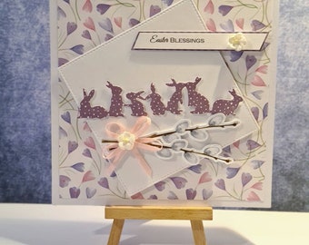 Easter handmade card. Simple card with die cut bunnies. Easter blessing.