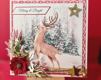 Merry and Bright- Christmas handmade card. For a very special holiday greetings. xmas card with deer motive. luxury handmade flower card.