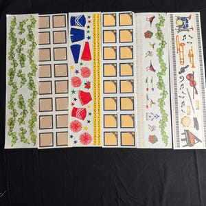 May include: A collection of decorative sticker strips featuring various designs. The strips include ivy, brown squares, cheerleading uniforms, stamps, birds, musical instruments, and musical notes. The stickers are colorful and suitable for crafts.