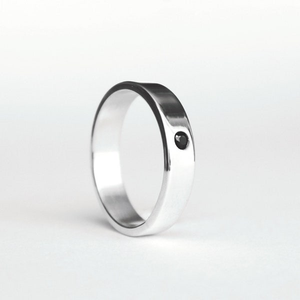 Bague/Alliance argent et diamant noir. Anneau de mariage o anniversaire. Bijou personalizzabile opzione rotocalco Gravé . Cadeau noël homme