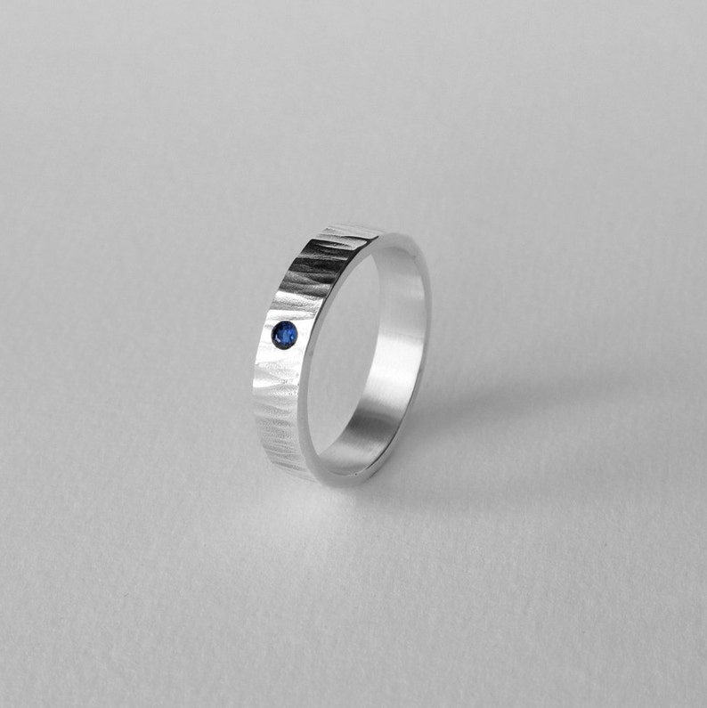 Hammered Mens band ring in sterling silver with sapphire . Personalised textured wedding band Blue stone . Christmas gifts Husband Birthday image 7