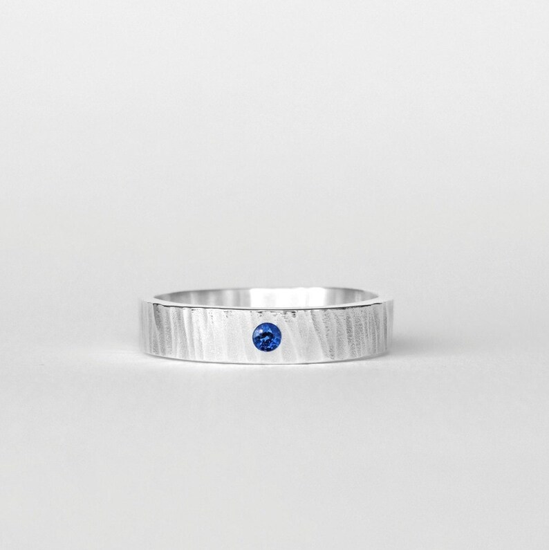 Hammered Mens band ring in sterling silver with sapphire . Personalised textured wedding band Blue stone . Christmas gifts Husband Birthday image 5