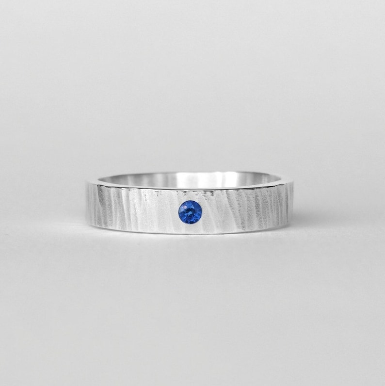 Hammered Mens band ring in sterling silver with sapphire . Personalised textured wedding band Blue stone . Christmas gifts Husband Birthday image 1