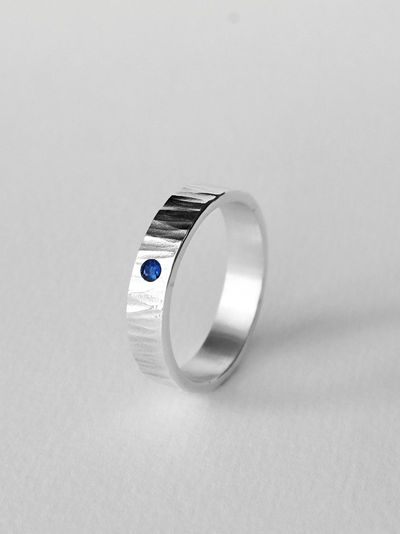 Hammered Mens band ring in sterling silver with sapphire . Personalised textured wedding band Blue stone . Christmas gifts Husband Birthday image 3