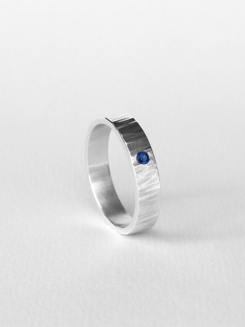 Hammered Mens band ring in sterling silver with sapphire . Personalised textured wedding band Blue stone . Christmas gifts Husband Birthday image 6