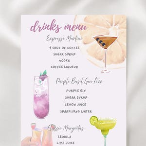 Modèle modifiable de menu de boissons | d'invitation pour le dîner | Invitations à une fête d'été | de Menu pour une boisson de mariage | Enseigne cocktail signature