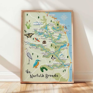 Norfolk Broads Illustrated Map Art Print Gift | A5, A4, A3