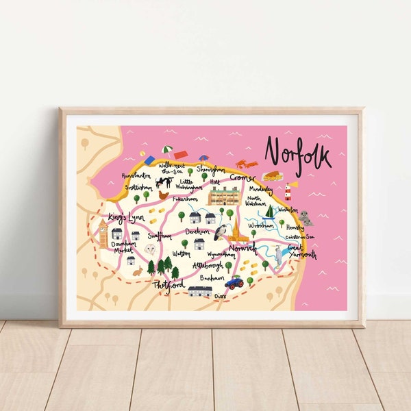 Illustrated Map of Norfolk, UK Print | Map Art Print | A6, A5, A4 or A3 Print