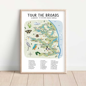 Norfolk Broads Illustrated Map Decor Wall Art Print | A6, A5, A4, A3 | Tour the Broads Gift Idea